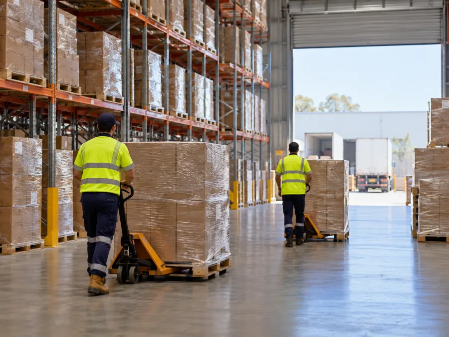 Workers moving pallets inside a Western Sydney distribution centre
