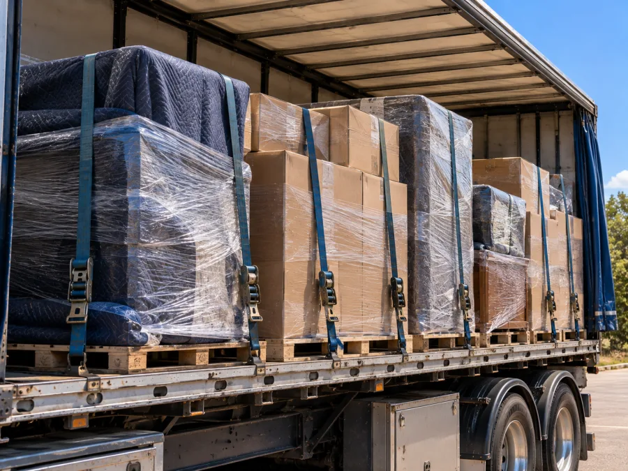 Palletised household effects wrapped and strapped for the run south