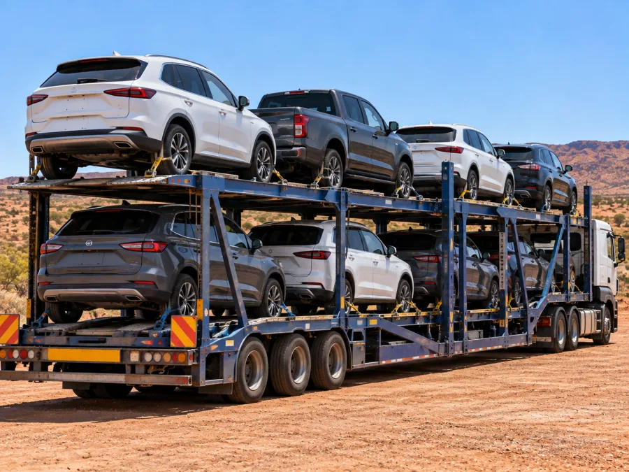 Loaded car carrier at a depot in central Australia