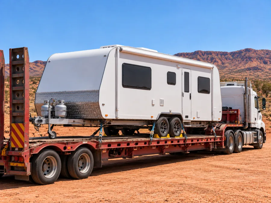 Touring caravan strapped on a drop-deck heading south from the Top End
