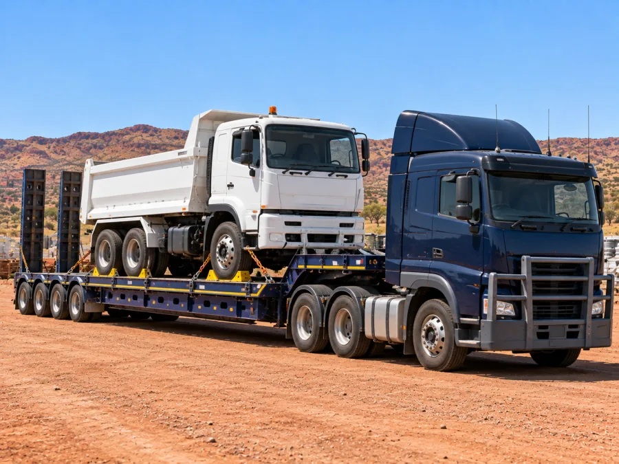 Tipper truck chained on a low-loader in central Australia