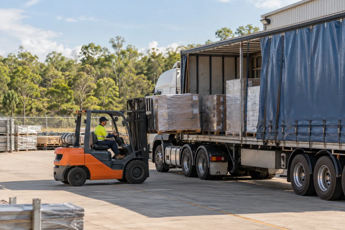 Forklift loading a trailer at a Darwin depot for the run south