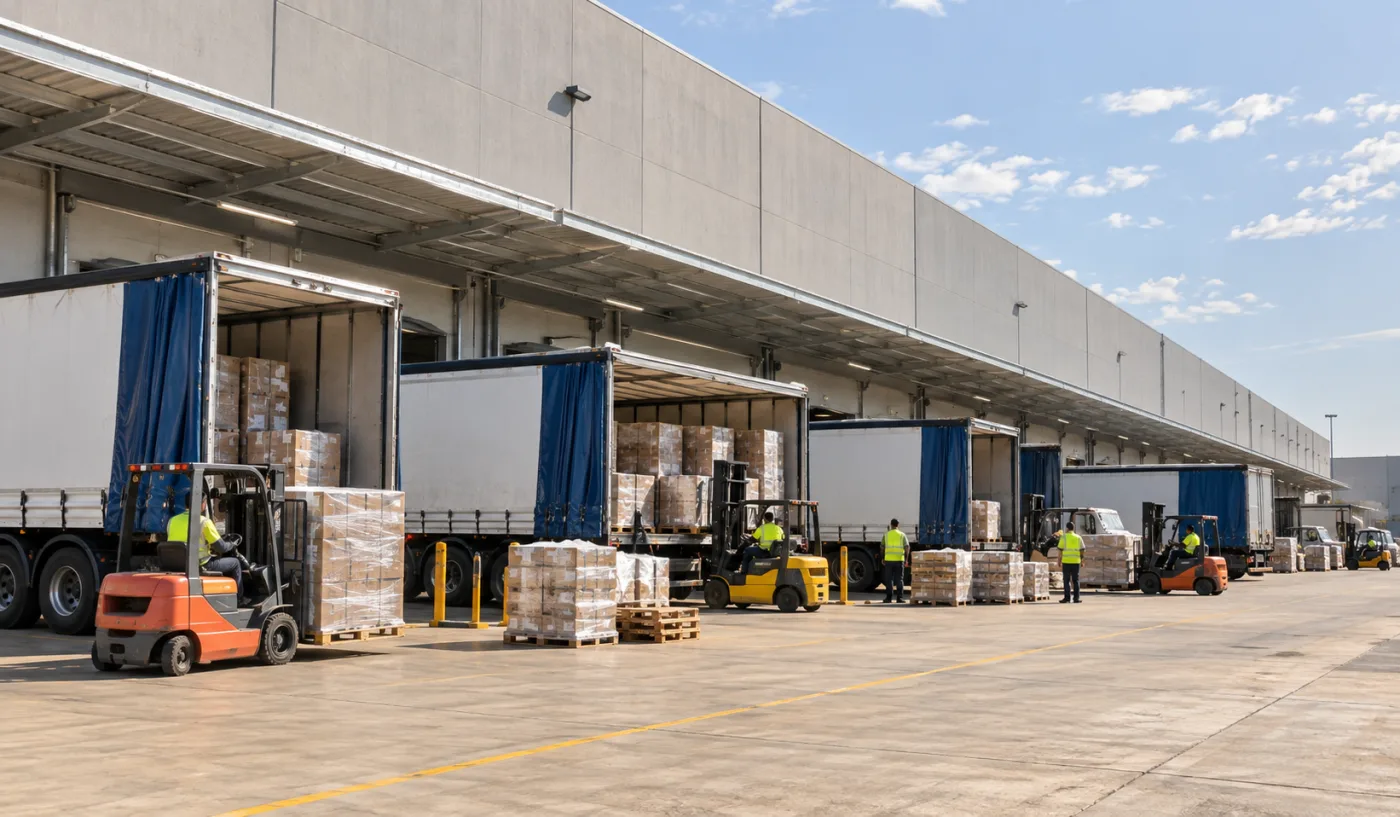 Multiple trailers docked simultaneously at a busy Western Sydney distribution centre