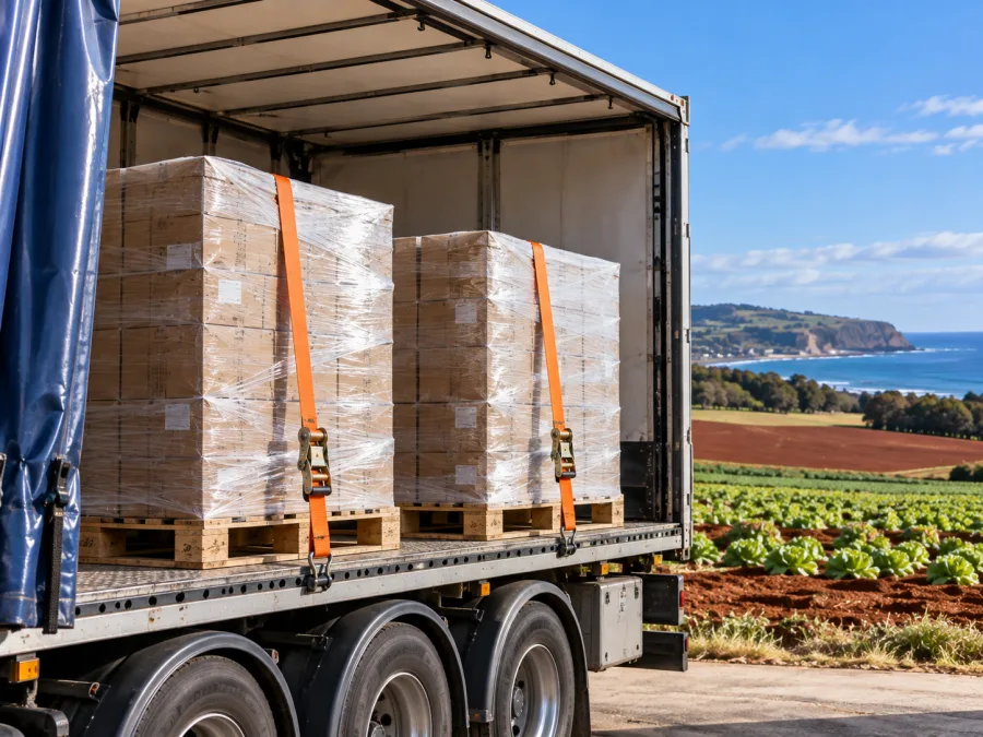 Wrapped pallets on a trailer with north-west Tasmanian farmland behind
