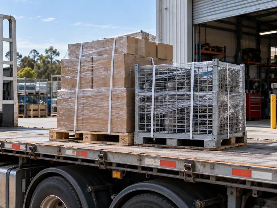 Palletised automotive parts and a steel cage strapped on a truck deck