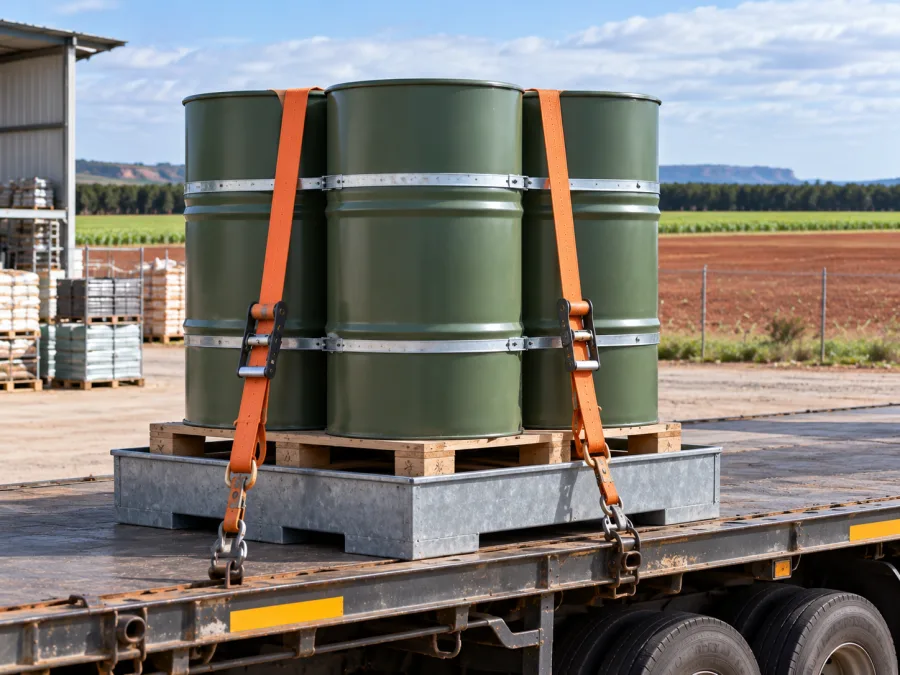 Sealed drums banded on a pallet and strapped to a trailer deck in north-west Tasmania