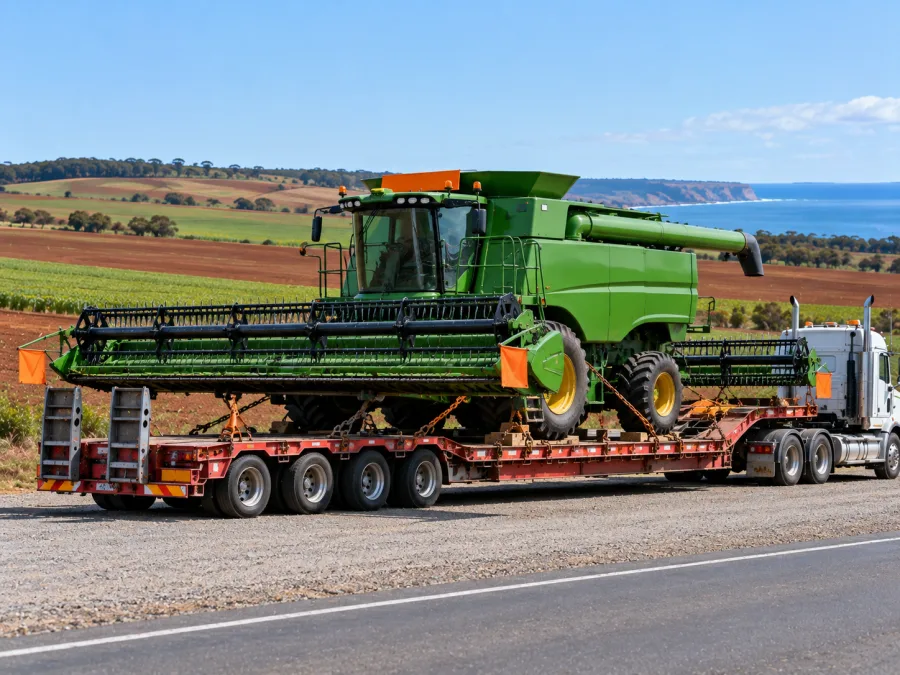 Oversize harvester on a low-loader beside red-soil paddocks on the north-west coast