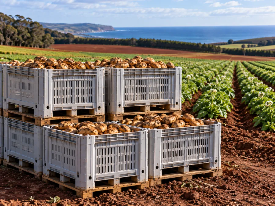 Bulk bins of freshly harvested potatoes beside a red-soil paddock