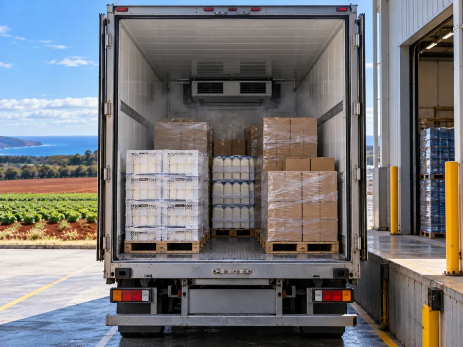 Open refrigerated trailer loaded with dairy product in north-west Tasmania
