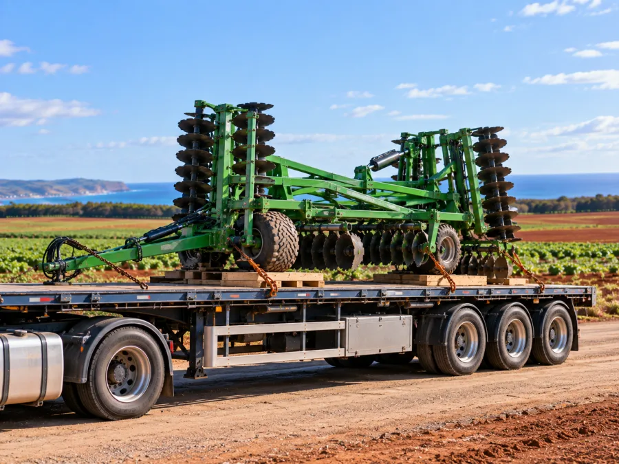 Folded farm implement chained on a trailer in north-west Tasmanian farmland