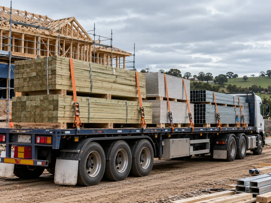 Timber and cladding on a trailer at a north-west coast building site
