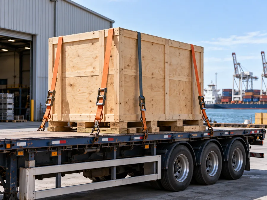 Timber-crated machine strapped on a trailer at a Burnie industrial site