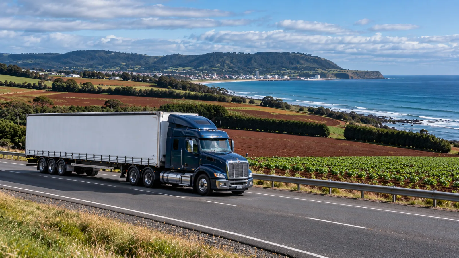 Semi-trailer on the Bass Highway beside red-soil paddocks running down to the sea
