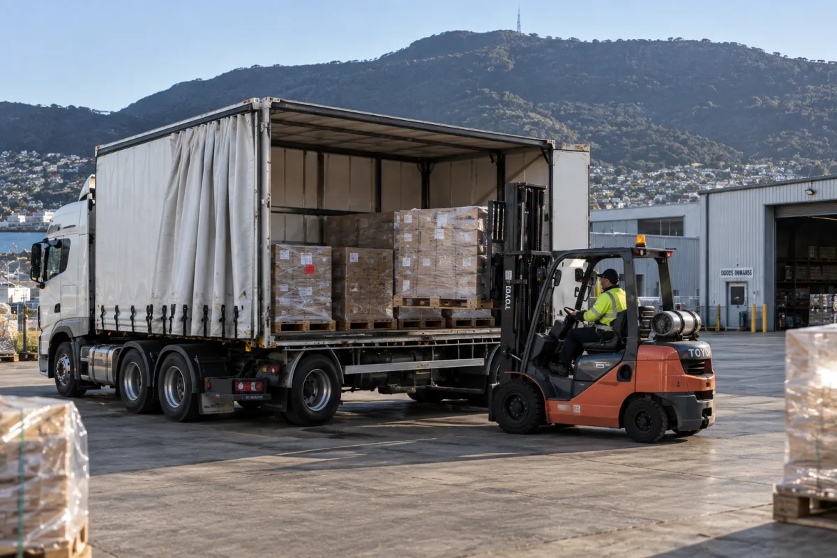 Forklift loading a trailer at a Derwent Park depot for the north-west run