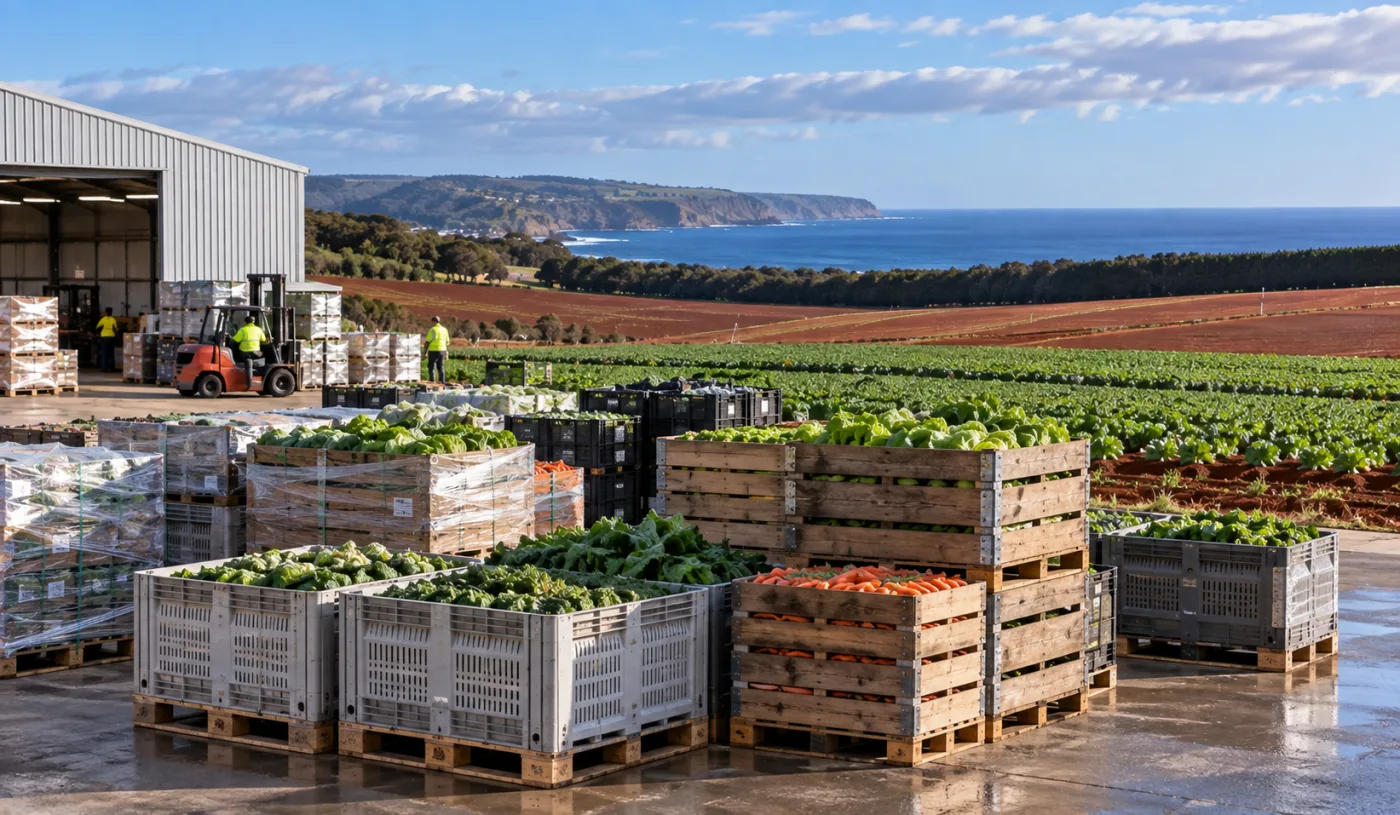 Produce crates staged at a north-west coast packing shed with red-soil paddocks behind