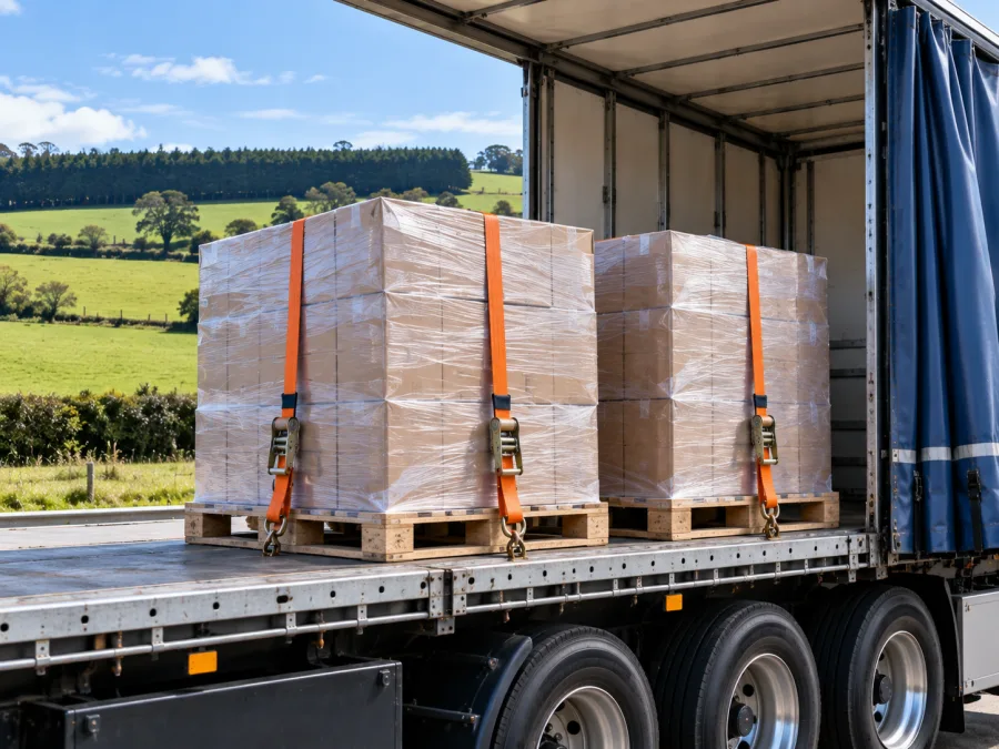 Wrapped pallets on a trailer with northern Tasmanian farmland behind