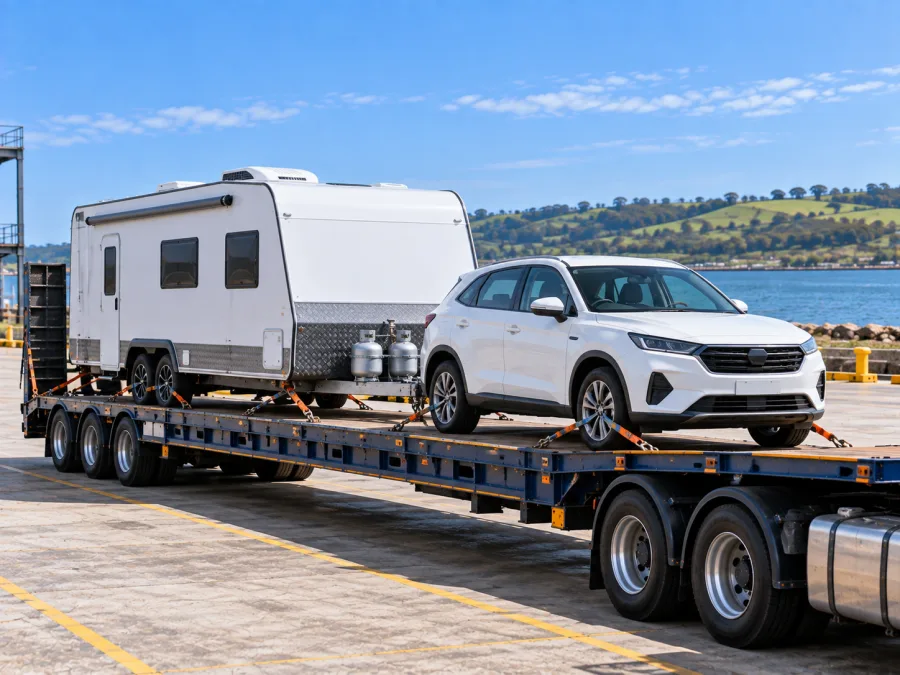 Car and caravan loaded on a drop-deck at the Devonport terminal