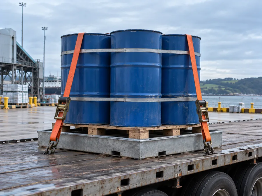 Sealed drums banded on a pallet and strapped to a trailer at the Devonport port