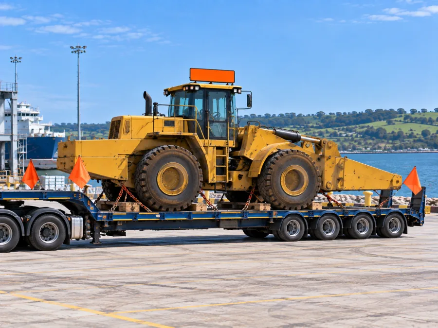 Oversize industrial machine on a low-loader at the Devonport port hardstand