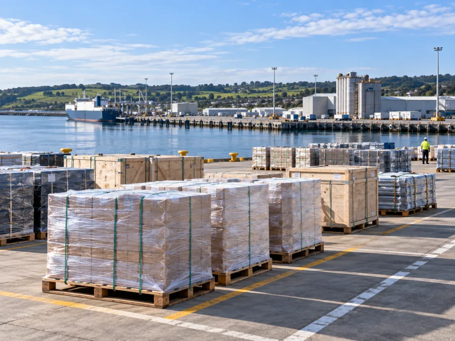 Wrapped and crated freight staged on the terminal hardstand for a sailing