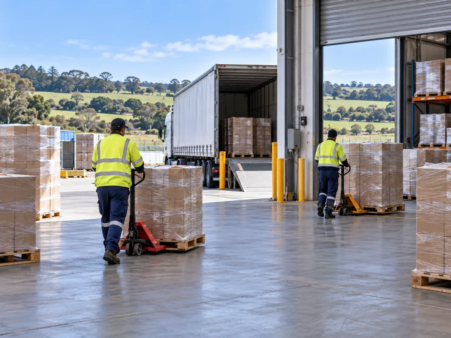 Workers moving pallets at a Devonport distribution dock