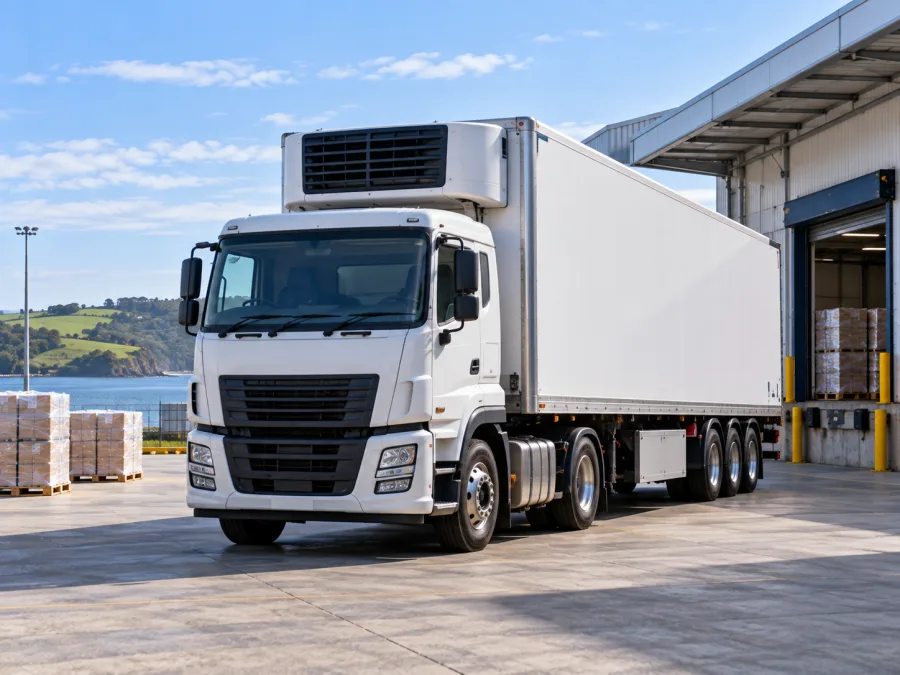 Refrigerated trailer at a Devonport dock with green farmland behind