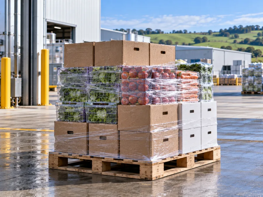 Palletised produce and processed food staged at a Mersey valley facility