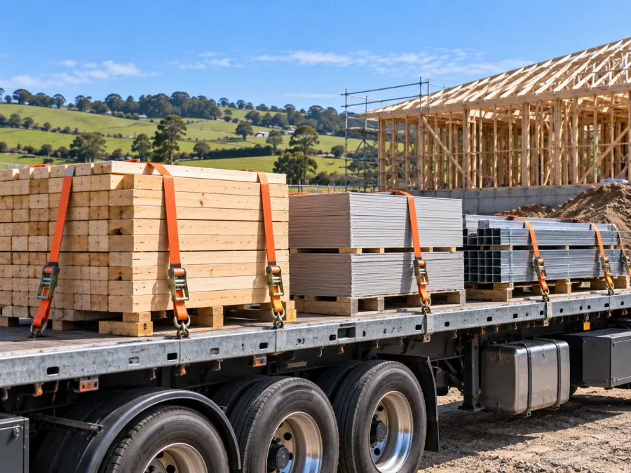 Timber and cladding on a trailer at a Devonport building site