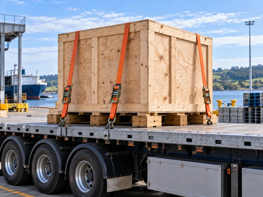 Timber-crated machine strapped on a trailer near the Devonport port