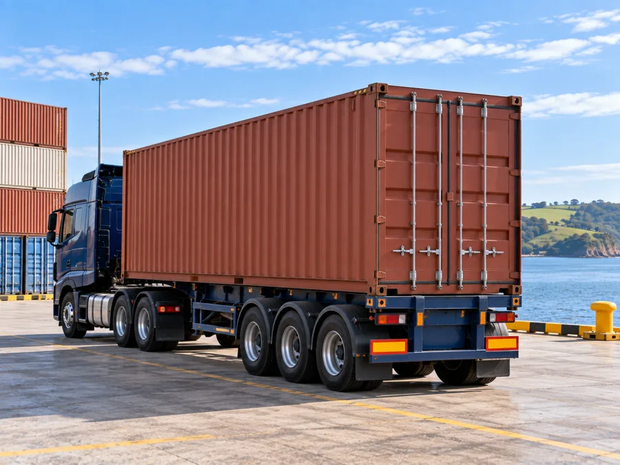 Container on a trailer at the Devonport port hardstand for the road leg