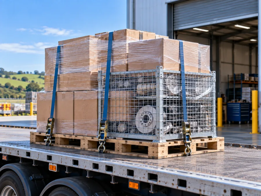 Palletised automotive parts and a steel cage strapped on a truck deck