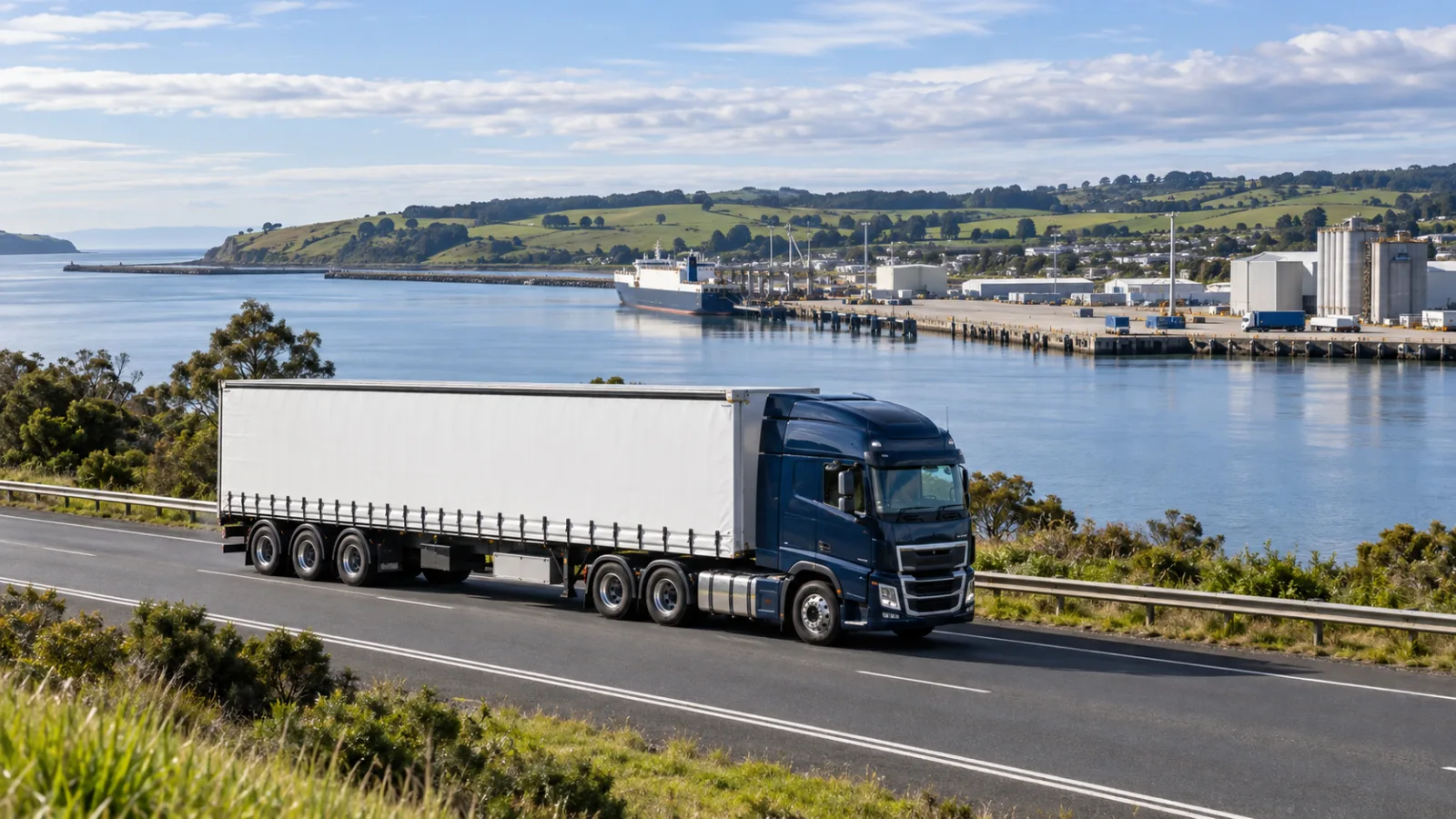 Semi-trailer on the road beside the Mersey estuary approaching the Devonport port