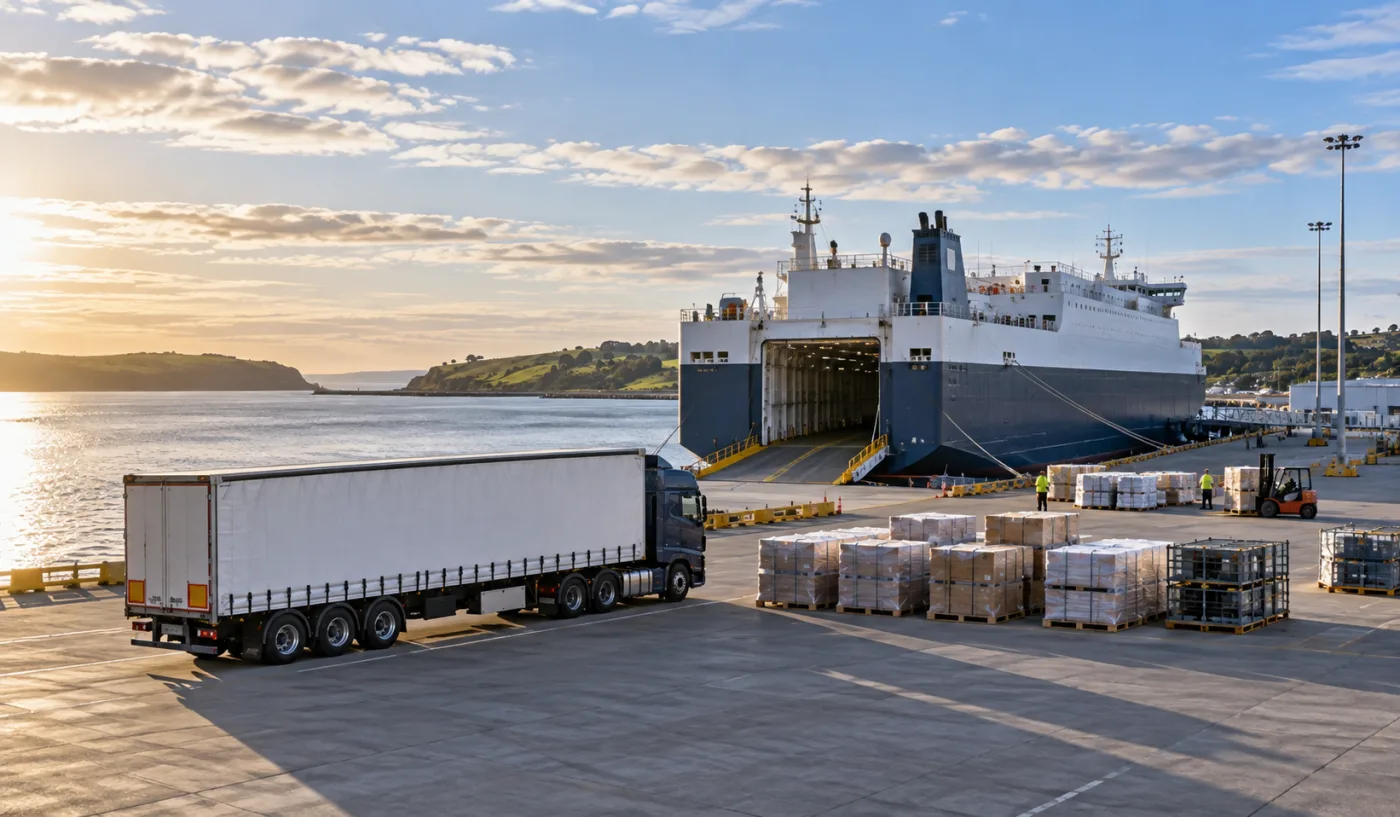 Trailer and staged freight on the terminal hardstand beside a berthed unmarked ferry