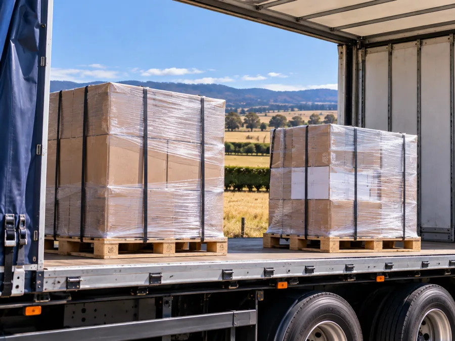 Wrapped pallets on a trailer with Tasmanian midlands country behind