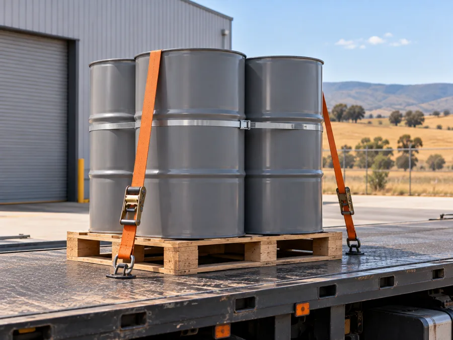 Sealed drums banded on a pallet and strapped to a trailer deck