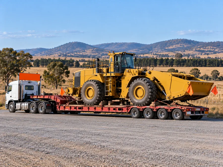 Oversize machine on a low-loader beside the Midland Highway