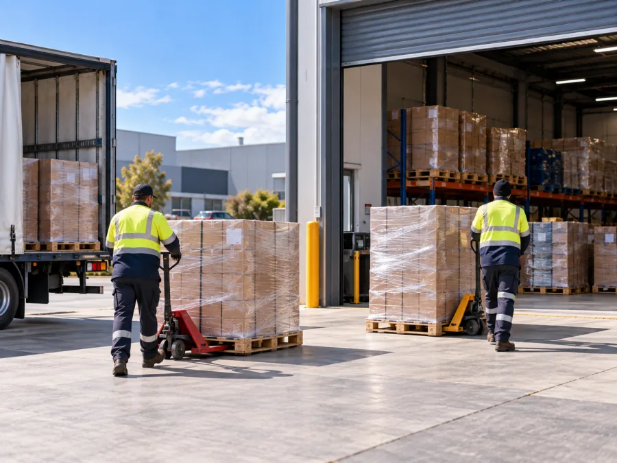 Workers moving pallets at a Launceston distribution dock