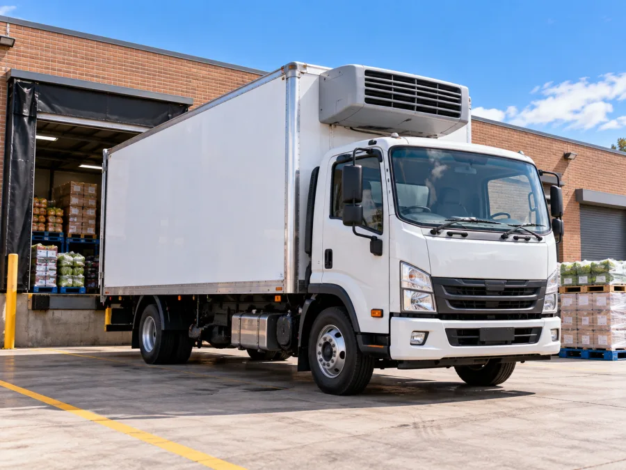 Refrigerated rigid truck at a Launceston food service dock