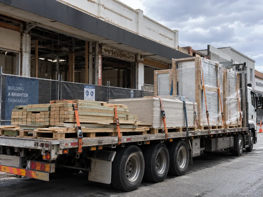 Timber and joinery on a trailer at a Launceston commercial fit-out site