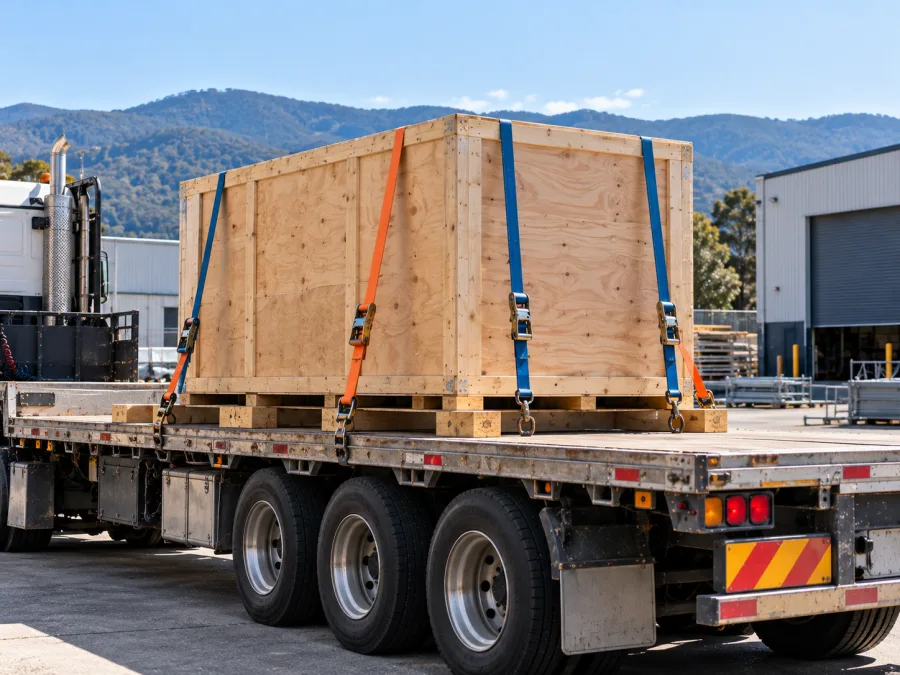Timber-crated machine strapped on a trailer at a Launceston industrial site