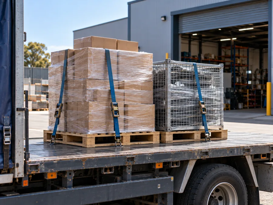 Palletised automotive parts and a steel cage strapped on a truck deck