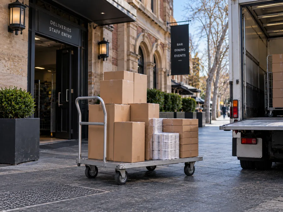 Hospitality supplies unloaded at a sandstone building service entrance