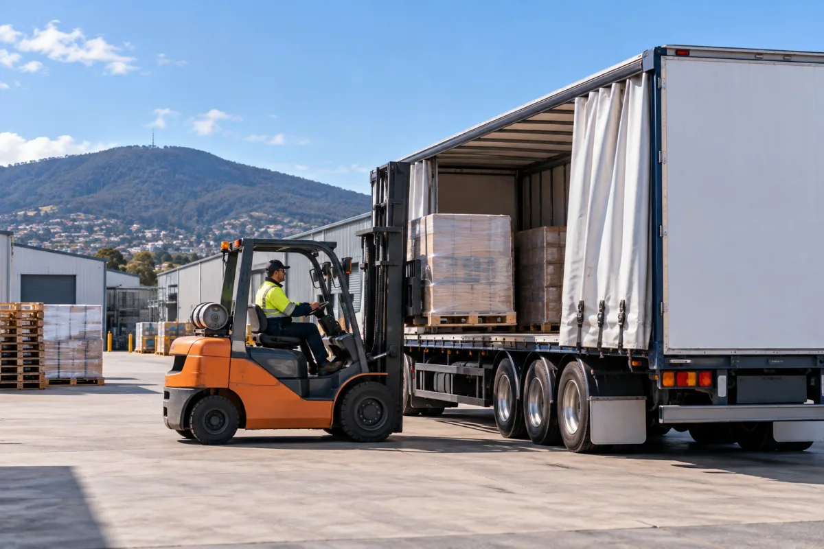 Forklift loading a trailer at a Derwent Park depot for the Launceston run