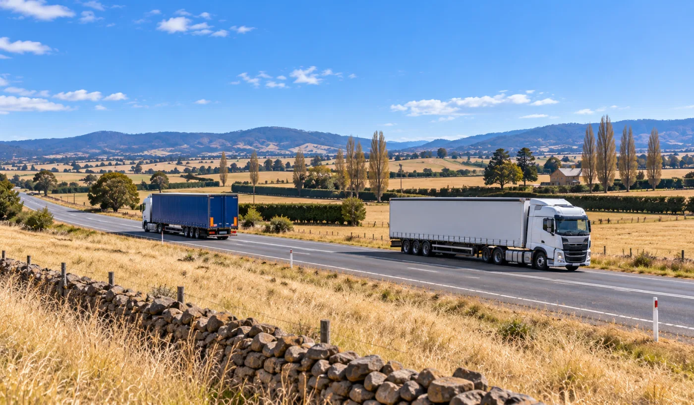 Two trucks passing on the Midland Highway through open golden grazing country