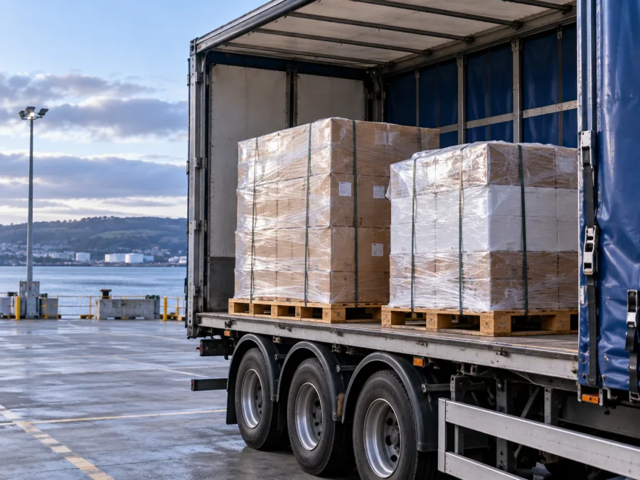 Wrapped pallets on a trailer at the Devonport terminal hardstand