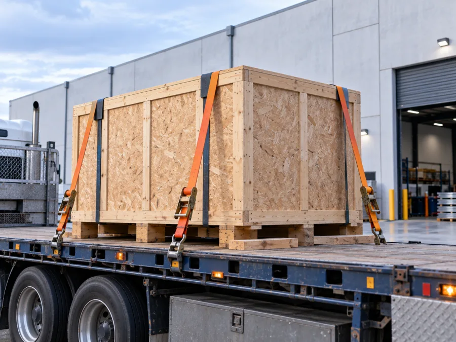 Timber-crated machine strapped on a trailer at a Melbourne industrial site