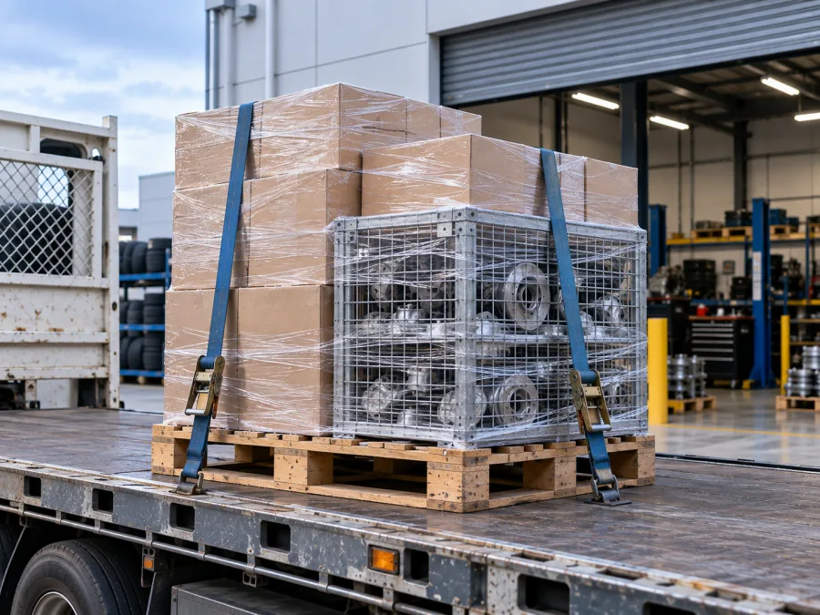 Palletised automotive parts and a steel cage strapped on a truck deck