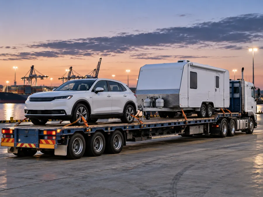 Car and caravan loaded on a drop-deck at the Devonport terminal at dusk