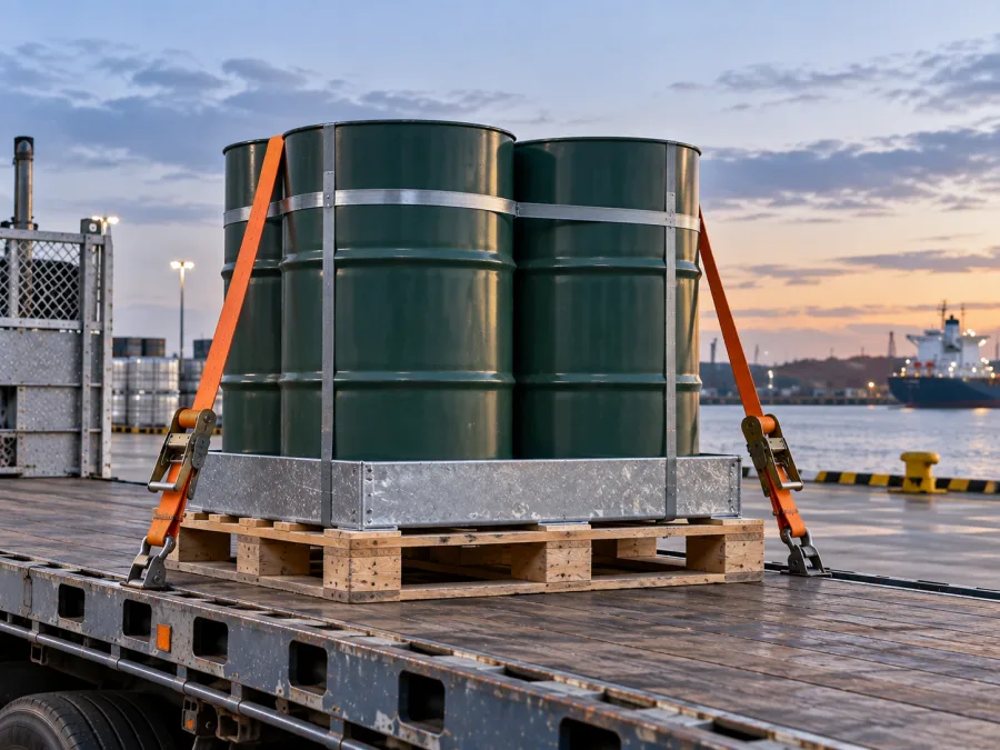 Sealed drums banded on a pallet and strapped to a trailer at the terminal