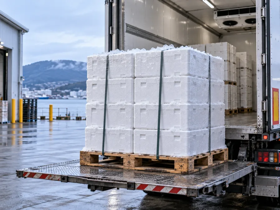 Insulated seafood boxes palletised and loaded into a refrigerated trailer